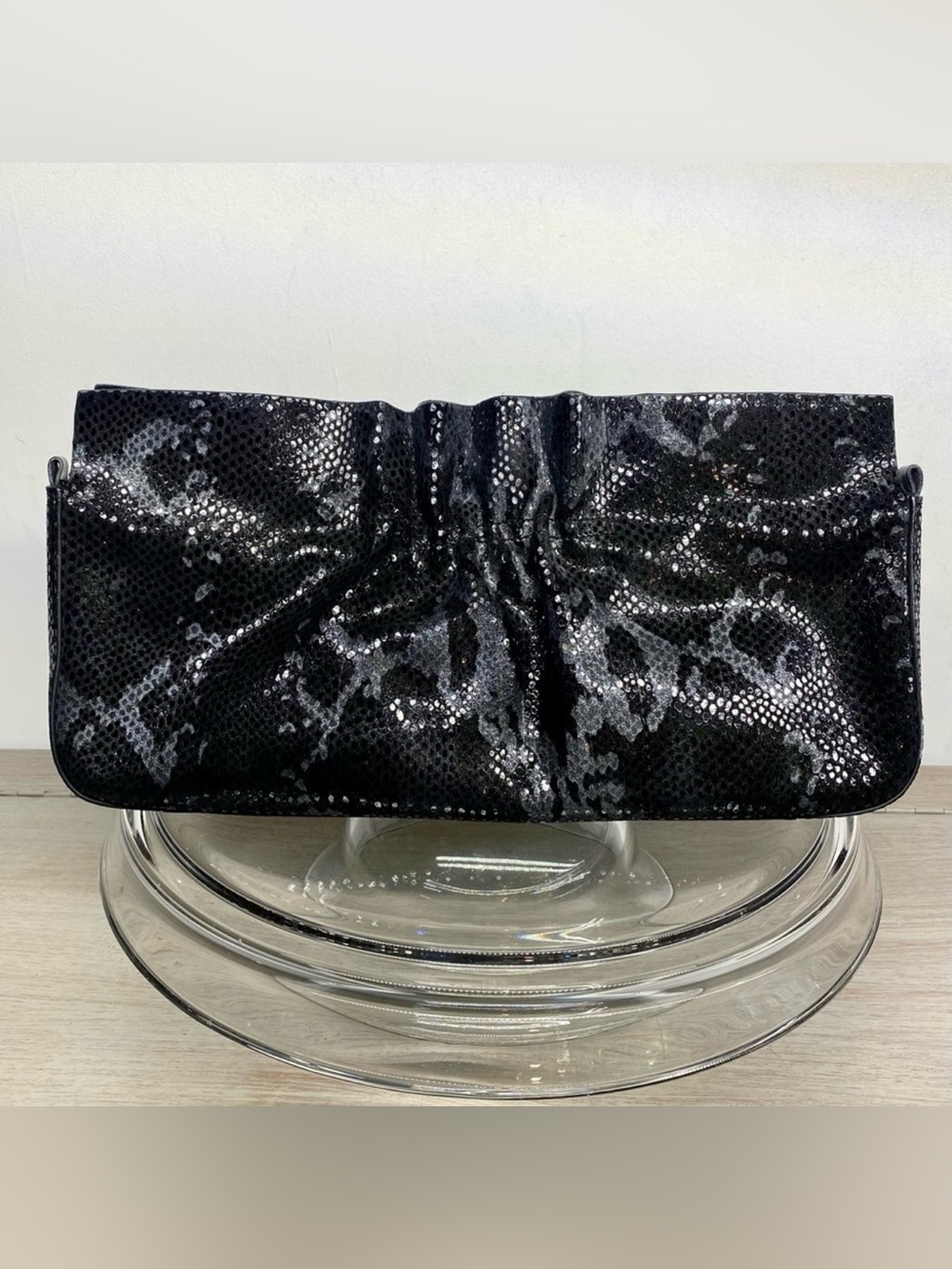 Sabina New York Black Leather Snakeskin Embossed Evening Bag Clutch Purse